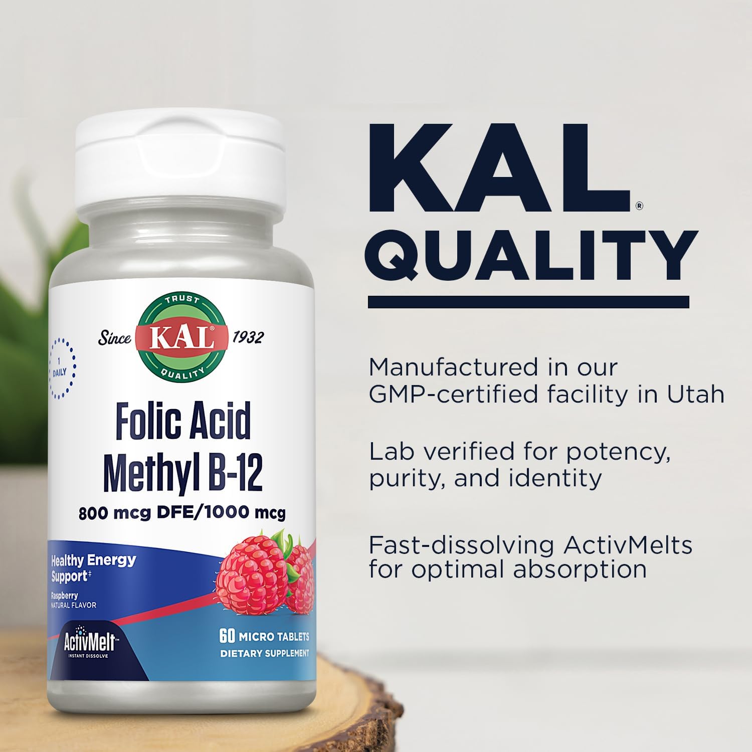 Kal 800 Mcg Folic Acid Methyl B-12 Tablets, Raspberry, 60 Count - görsel 4