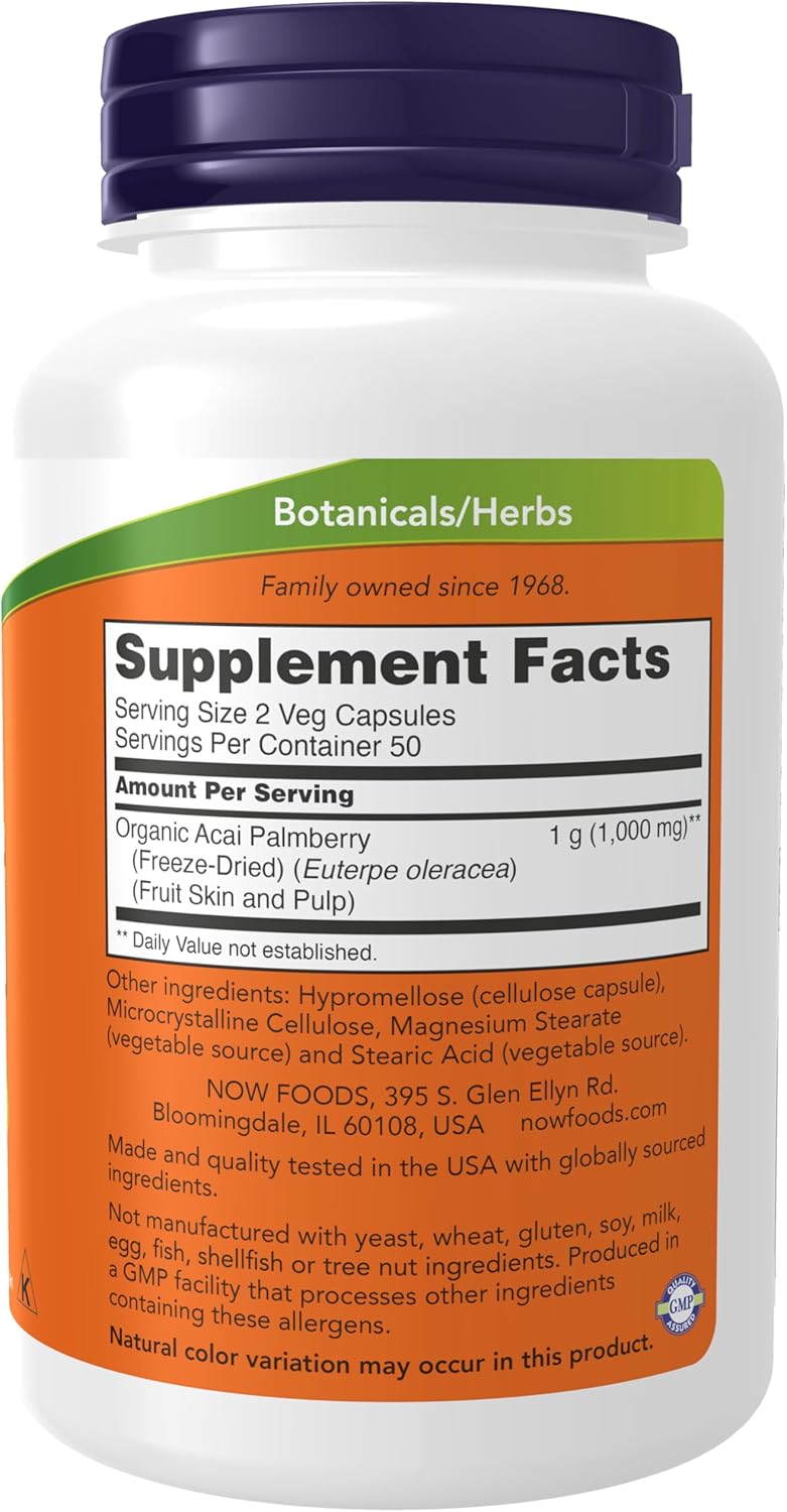 NOW Foods Acai 500 mg – Freeze-Dried Super Fruit Supplement, 100 Veg Capsules - görsel 2