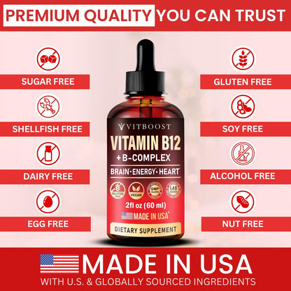 Vegan Vitamin B12 with B Complex 20 mg - Extra Strength for Men and Women - Raspberry Liquid Drops | Made in USA, B1, B2, B3, B5, B6, Biotin, Folic Acid & B12 Methylcobalamin | 4 Months Supply