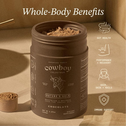 Cowboy Colostrum - First Milking Grass Fed Bovine Colostrum Powder (Chocolate Flavour, 40 Servings)