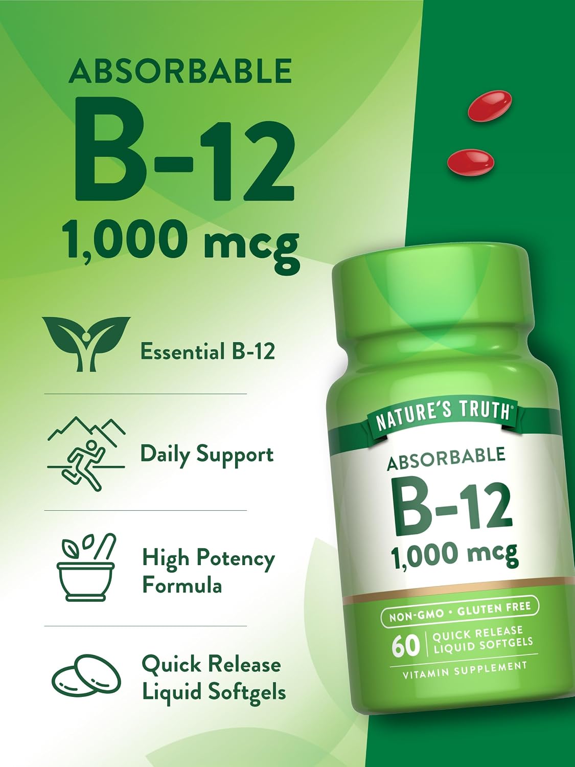 Nature's Truth Vitamin B12 1000 mcg Quick Release Liquid Softgels, 60 Capsules - görsel 5