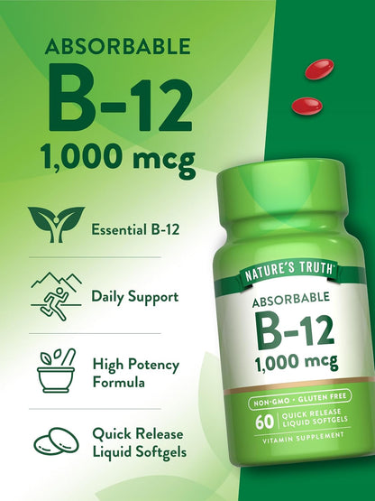 Nature's Truth Vitamin B12 1000 mcg Quick Release Liquid Softgels, 60 Capsules