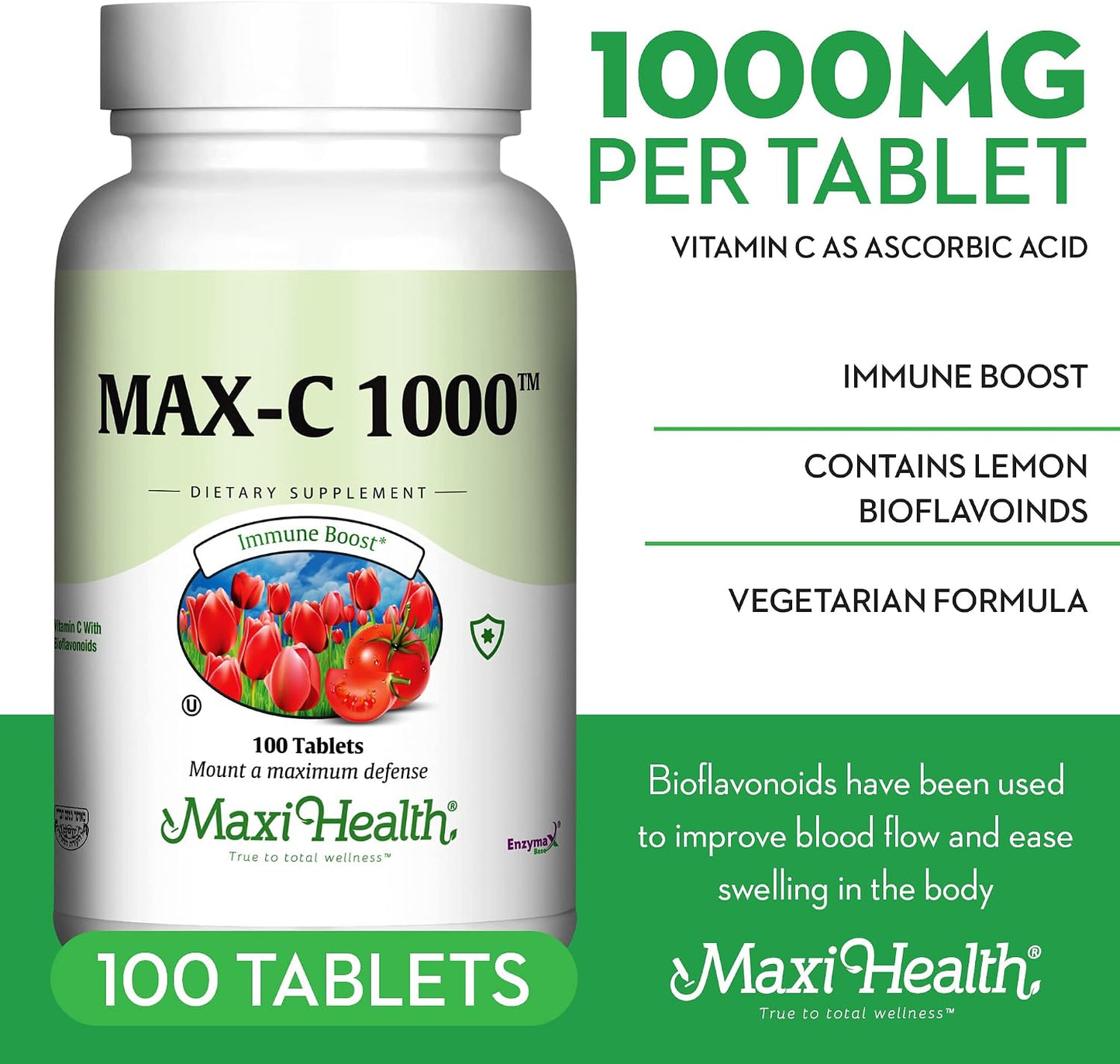Maxi Health Vitamin C 1000 mg with Bioflavonoids & Enzymax - 100 Tablets - görsel 3