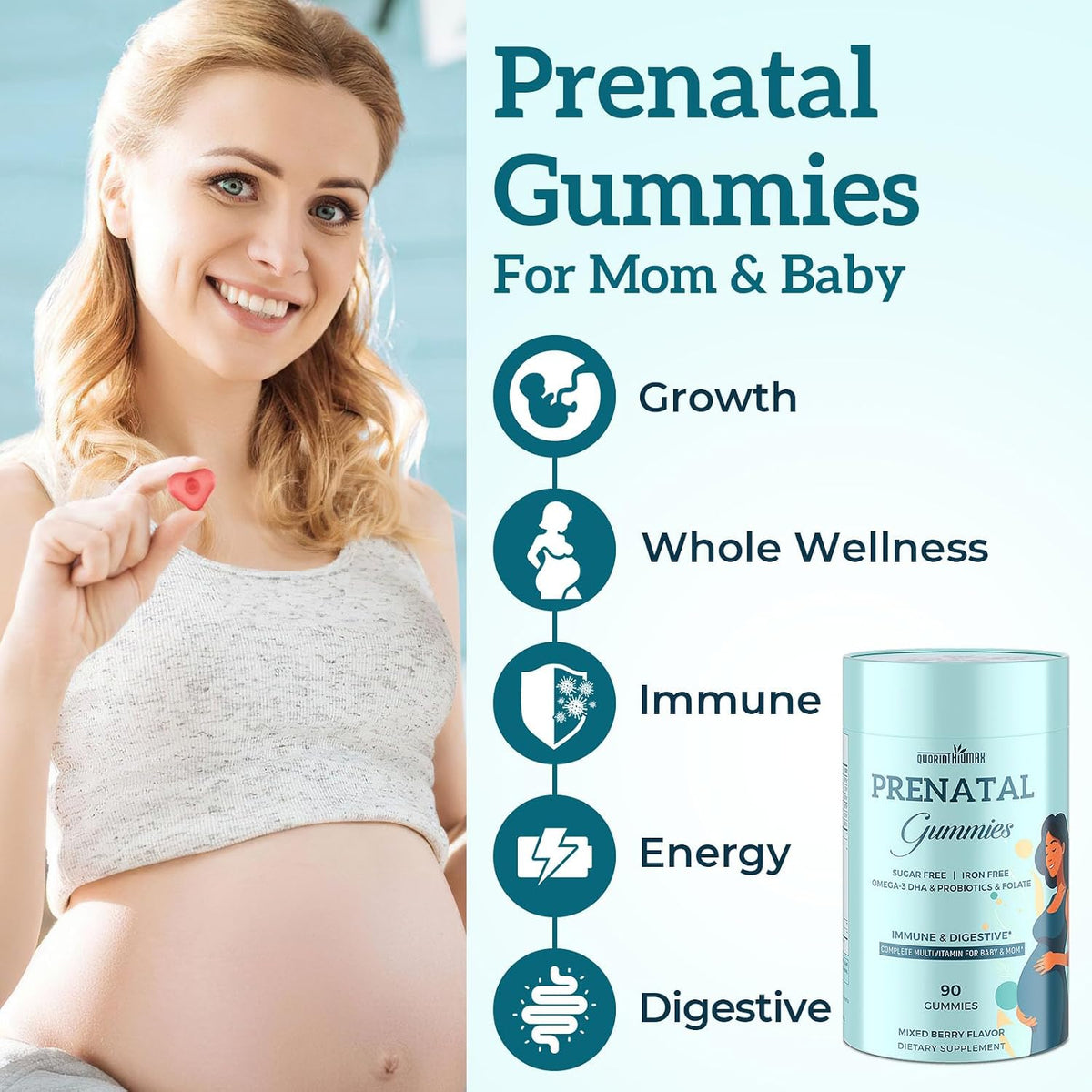 Quorinthiumax Prenatal Gummies - Sugar Free, 180 Count - Prenatal Vitamins with Folate, DHA & Probiotics - Iron Free - görsel 3