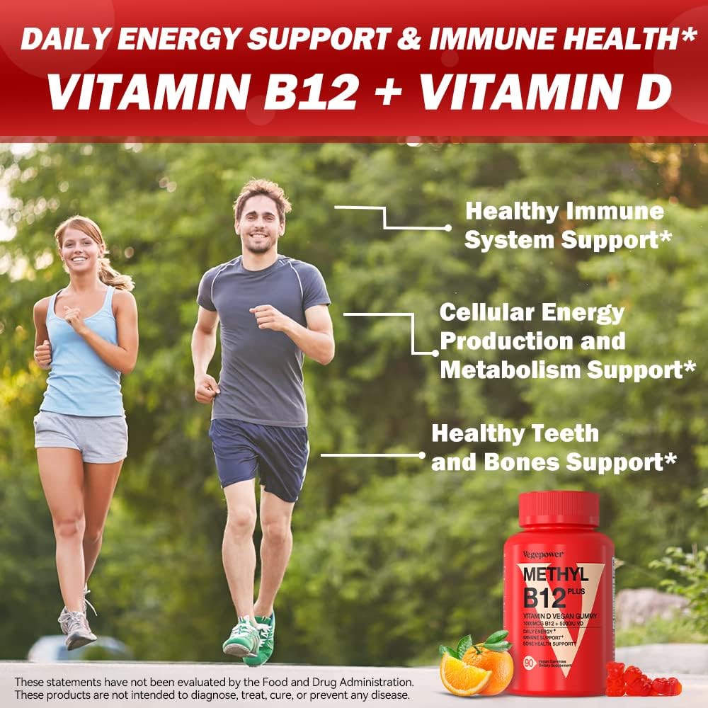 VEGEPOWER Vegan Vitamin B12 & D3 Gummies - 1000 mcg Methyl B12 & 5000 IU D3 - Supports Energy & Immune Function - 90 Count - görsel 2