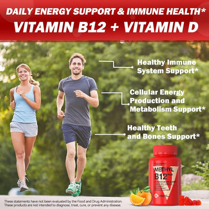 VEGEPOWER Vitamin B12 1000 mcg Gummies for Adults - Vegan Methyl B12 & D3 5000 IU - Orange Flavour 180 Bears