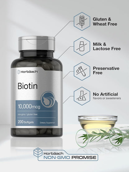 Horbäach Biotin 10,000 mcg - 200 Soft gel capsule Capsules - Vitamin B7 Supplement