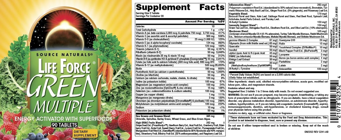 Source Naturals Life Force Green Multiple, Energy Activator with Superfoods* - 90 Tablets - görsel 4