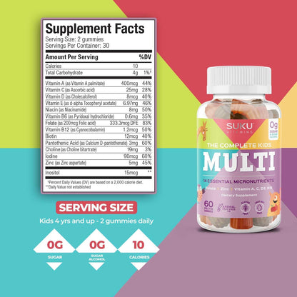 SUKU The Complete Kids Multivitamin Gummies – Sugar-Free, Gluten-Free, Non-GMO, Tropical Bonanza Flavour (60 Count)