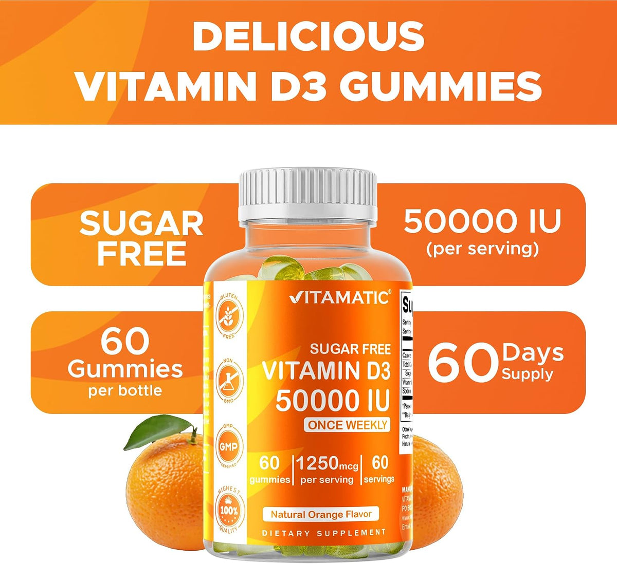 Vitamatic Sugar Free Vitamin D3 50,000 IU Weekly Supplement – 60 Pectin-Based Gummies - görsel 4