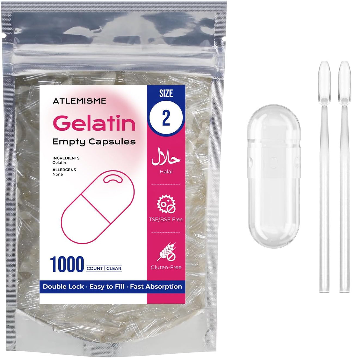 ATLEMISME Empty Gelatin Capsules Size 2 (1000 Count) with 2 Micro Lab Spoons - görsel 1
