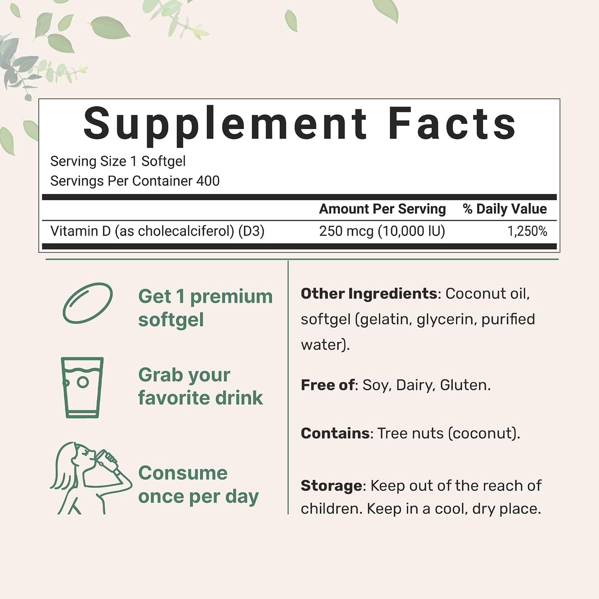 Micro Ingredients Vitamin D3 10,000 IU with Virgin Coconut Oil – 400 Soft gel capsules - görsel 2