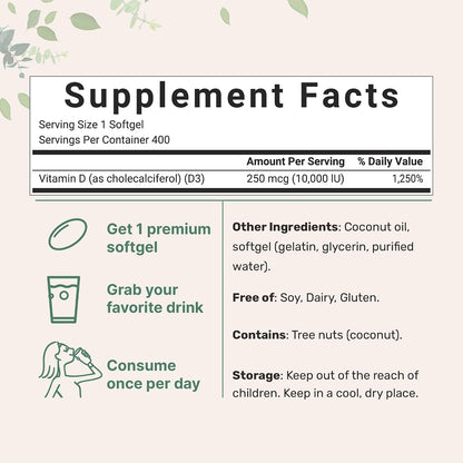 Micro Ingredients Vitamin D3 10,000 IU with Virgin Coconut Oil – 400 Soft gel capsules