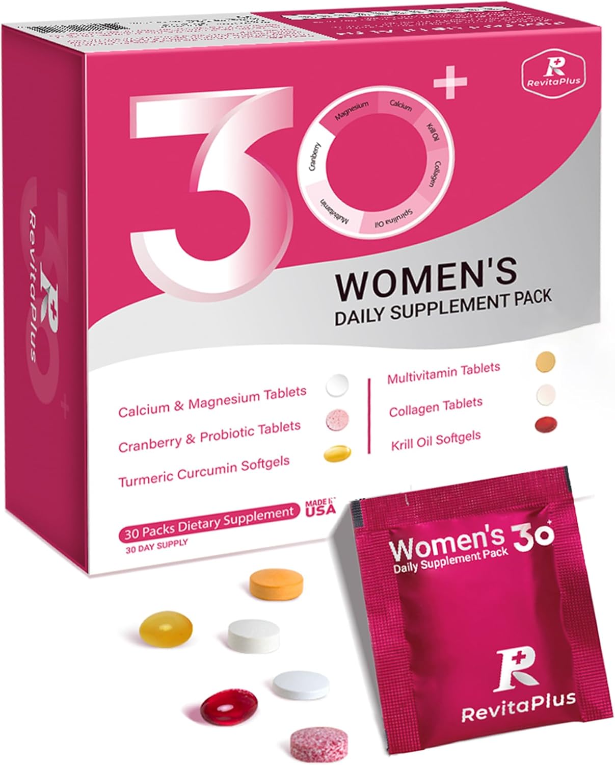 RevitaPlus Multivitamin for Women with Vitamin A,B,C,D3,E,K2,Biotin, Collagen, Krill Oil, Cranberry Supports Energy, Wellbeing, Beauty and Immune - Vitamin Sachets for Women's Health 30 Sachets - görsel 1