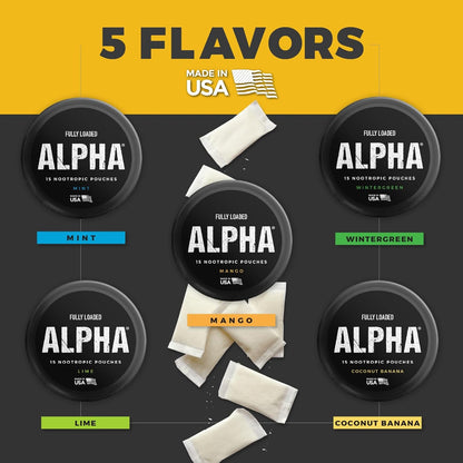 Fully Loaded Alpha Nootropic Pouches (Coconut Banana) - 5 Cans - 15 Pouches per Can - Effective Nootropic Delivery, Nicotine Pouch Replacement - Faster Absorption, Alpha GPC, L-Tyrosine, GABA