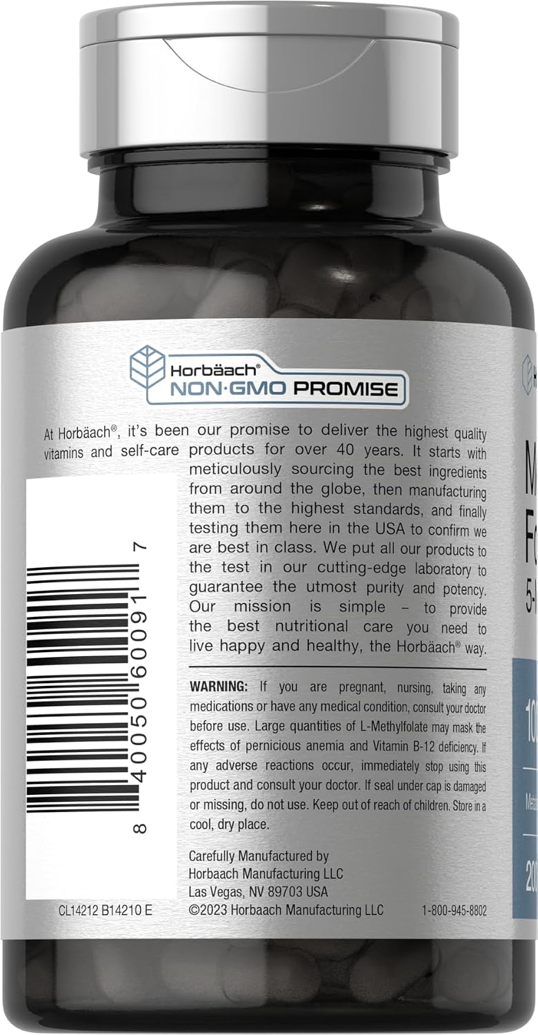 Horbäach Methyl Folate Supplement | 1000 mcg | 200 Capsules | Active 5-MTHF - görsel 3
