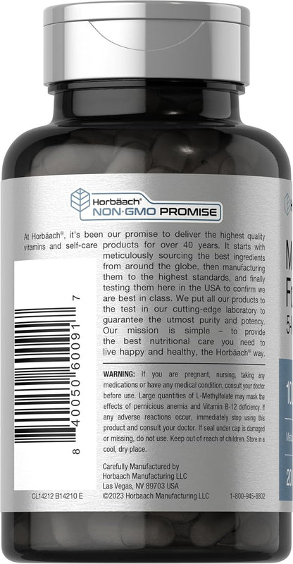 Horbäach Methyl Folate Supplement | 1000 mcg | 200 Capsules | Active 5-MTHF