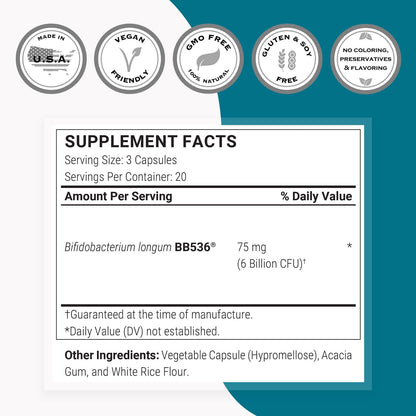 Supersmart Bifidobacterium Longum (BB536) – Probiotic & Prebiotic Supplement – 6 Billion CFU – 60 DR Capsules
