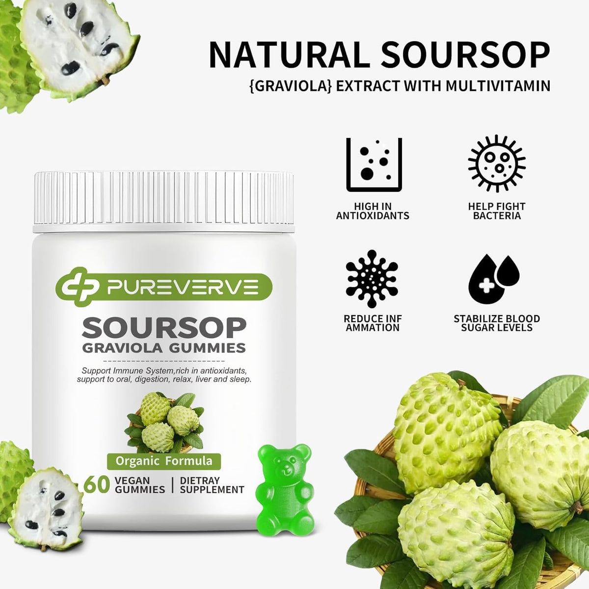 Soursop Graviola Gummies, Pureverve Max Strength with Sea Moss & Zinc – 120 Count (Pack of 2) - görsel 5