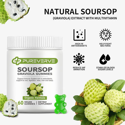 Soursop Graviola Gummies, Pureverve Max Strength with Sea Moss & Zinc – 120 Count (Pack of 2)