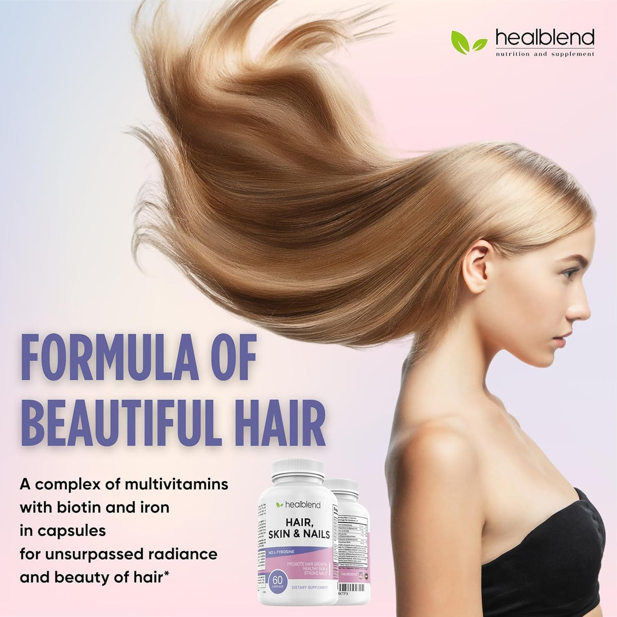 healblend Hair, Skin and Nails Vitamins for Women – Biotin 5000 mcg, Iron and Manganese – Vegan, Non-GMO (3-Month Supply) - görsel 7