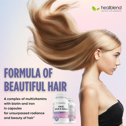 healblend Hair, Skin and Nails Vitamins for Women – Biotin 5000 mcg, Iron and Manganese – Vegan, Non-GMO (3-Month Supply)
