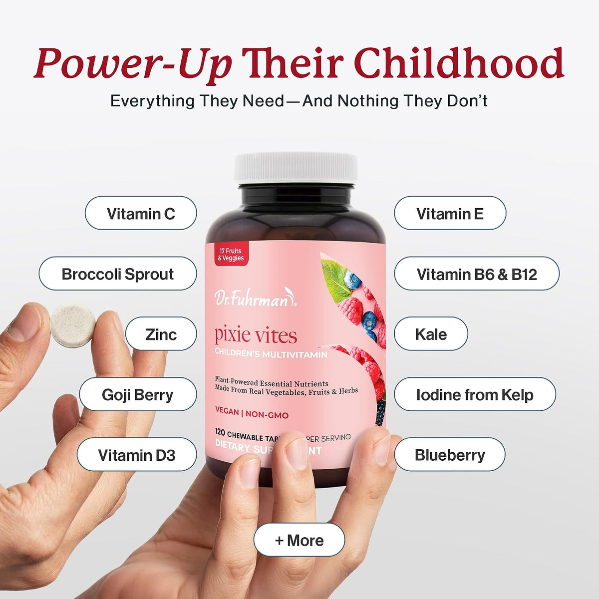 Dr. Fuhrman Pixie Vites Chewable Children's Multivitamin - Whole Food Kids Multi with Vitamin D3, K2 & Zinc - Sugar Free, Vegan, Non-GMO - Berry Flavour - 120 Tablets - görsel 3