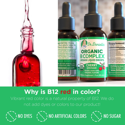 Doctor Danielle Organic Vitamin B Complex Liquid Drops - B3, B6, B7, B9, Methyl B12 - Vegan Cherry Flavour 30ml (60 Servings)