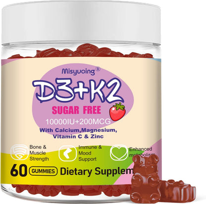 Misyvoing Vitamin D3 K2 Gummies with Vitamin C, Calcium, Magnesium & Zinc - 10,000 IU D3, 200mcg K2, Orange Flavour, Sugar-Free (60 Gummies)