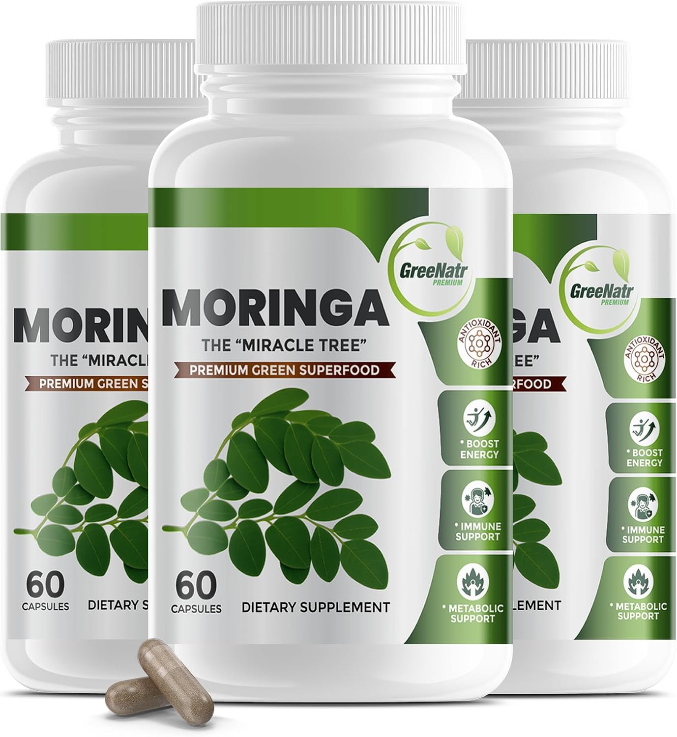 GreeNatr Pure Moringa Oleifera Leaf Extract Veggie Capsules, 1000 mg, 3 Bottles - görsel 1