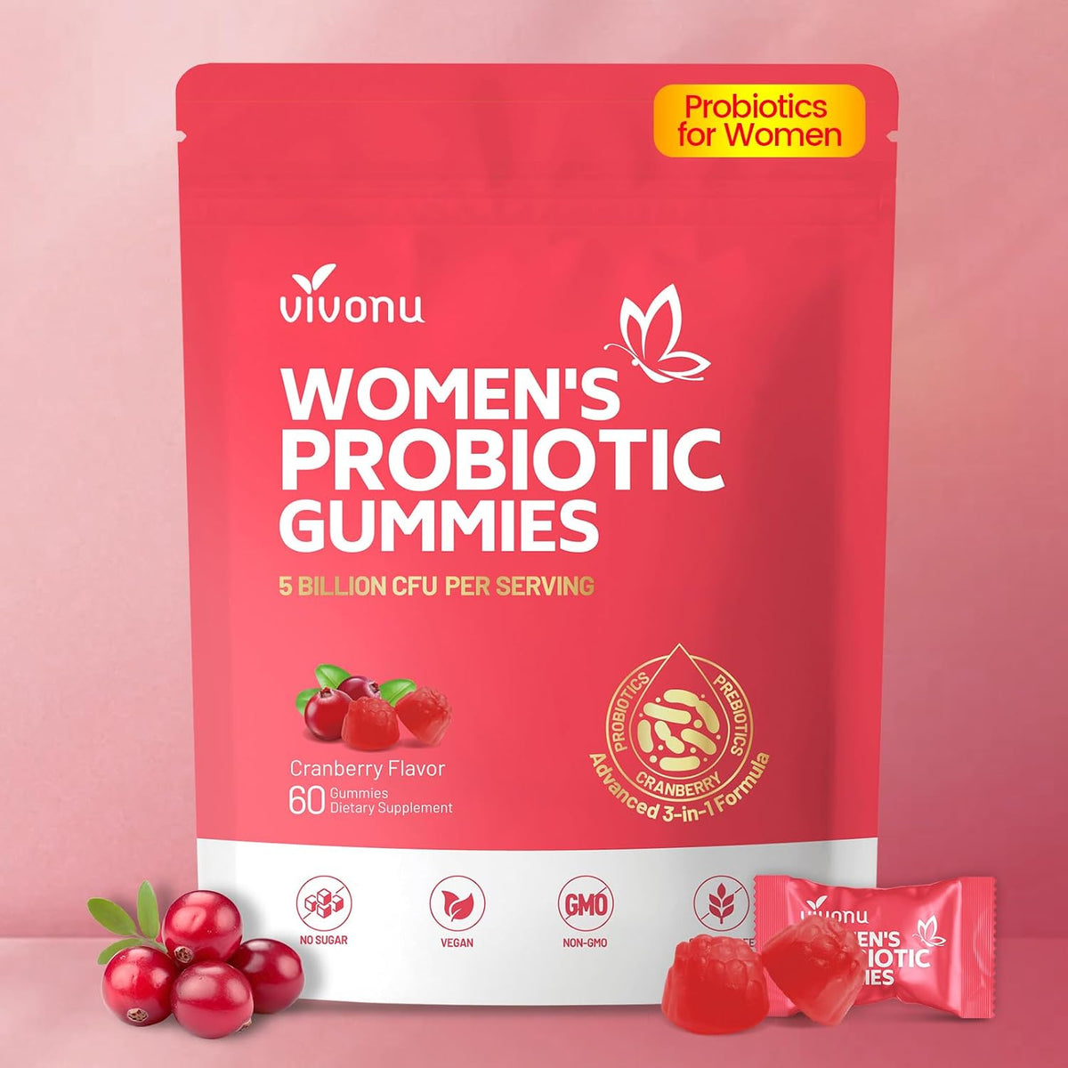 VivoNu Women's Probiotic Gummies - Feminine Balance Support with Cranberry, 60 Count - görsel 9