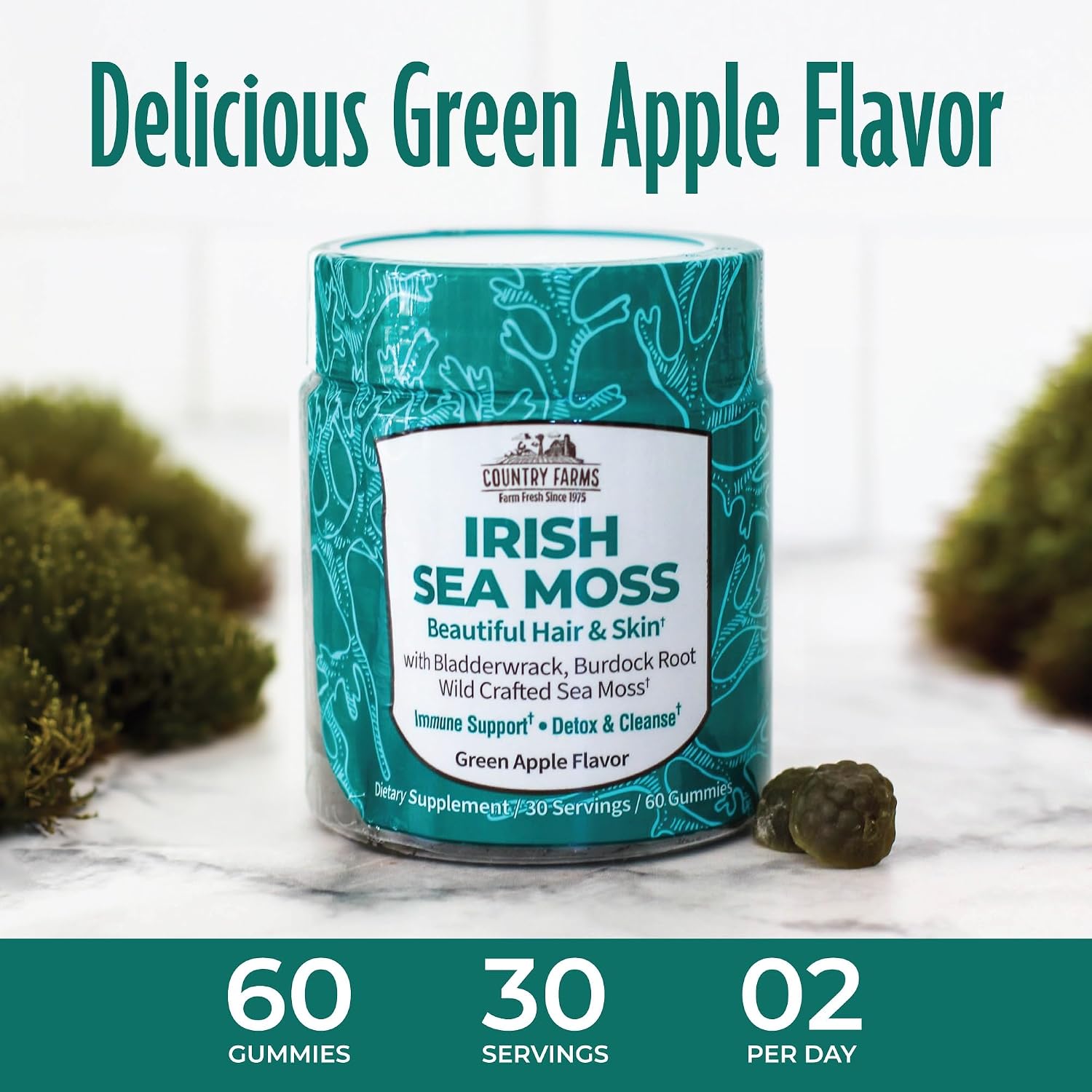 Country Farms Irish Sea Moss Gummies - 2000mg Triple Blend (Irish Moss, Burdock Root, Bladderwrack) - Vegan, Gluten-free - Green Apple - görsel 6