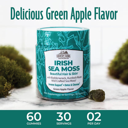 Country Farms Irish Sea Moss Gummies - 2000mg Triple Blend (Irish Moss, Burdock Root, Bladderwrack) - Vegan, Gluten-free - Green Apple