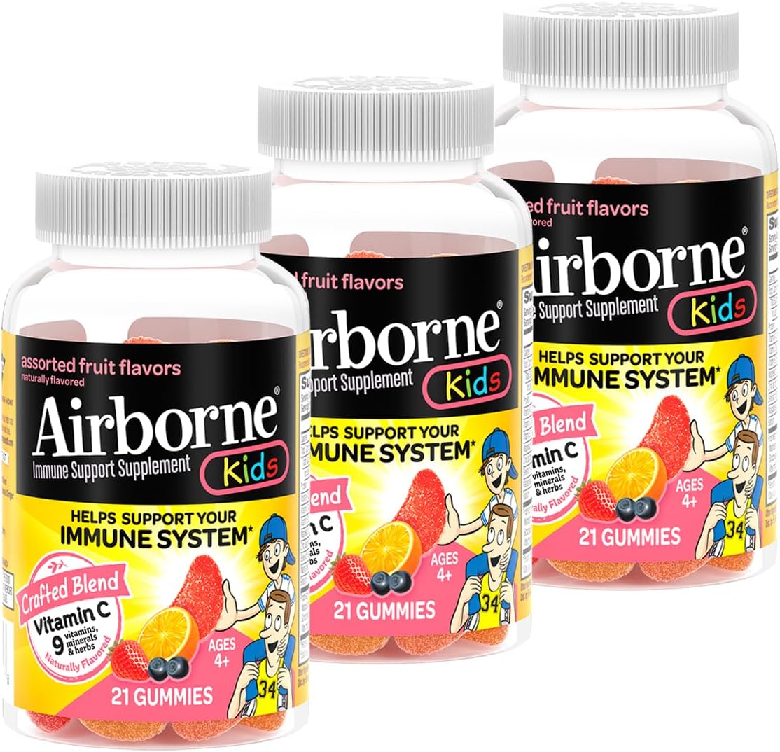 Airborne Vitamin C + Zinc Immune Support Gummies for Kids, Assorted Fruit, 21 Count (3 Pack) - görsel 1