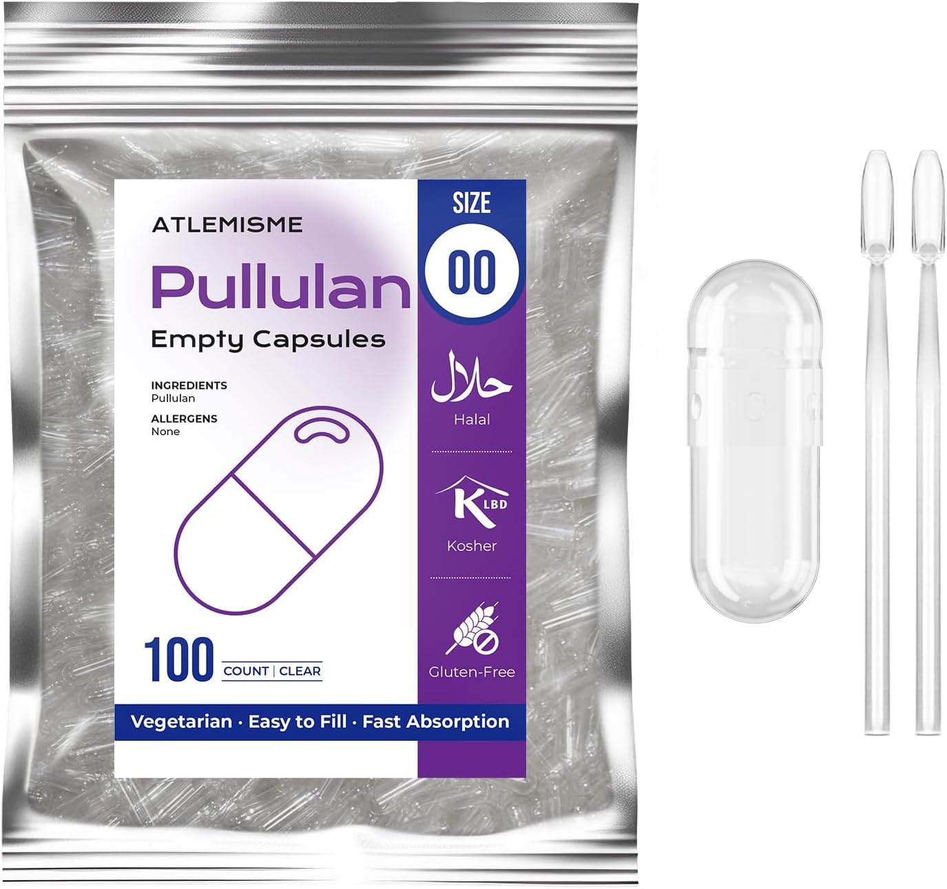 ATLEMISME Pullulan Empty Capsules Size 00 - Vegan Empty Capsules (100 Capsules) with 2 Micro Lab Spoons - görsel 1