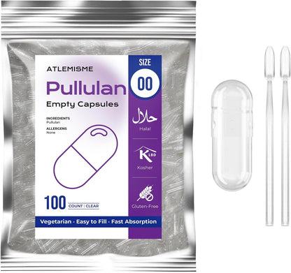 ATLEMISME Pullulan Empty Capsules Size 00 - Vegan Empty Capsules (100 Capsules) with 2 Micro Lab Spoons