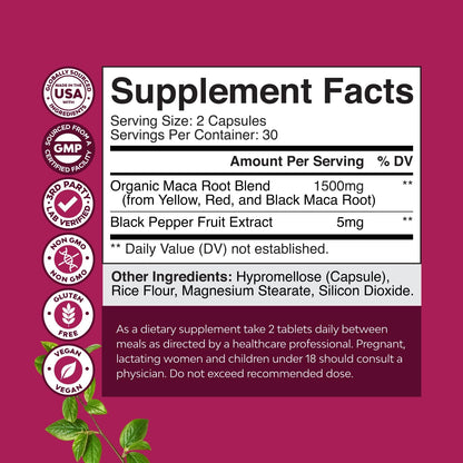 Maca Root Capsules for Women - Potent Herbal Supplement with Female Enhancing Blend of Red Yellow & Black Maca Root - Non-GMO Certified Vegan and Gluten-Free with No Artificial Colours - 60 Count