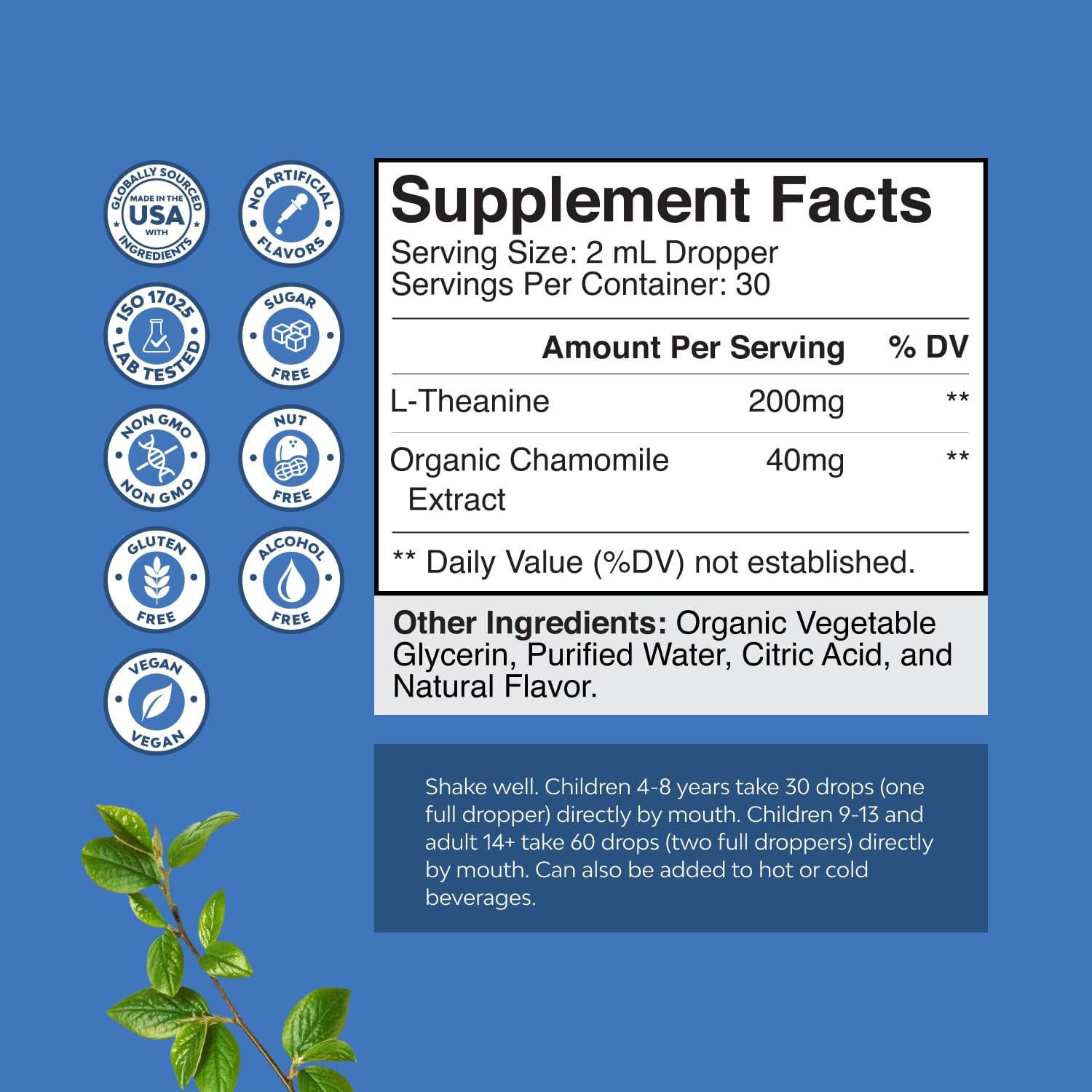 Natures Craft L-Theanine Liquid Drops - 200mg with Chamomile, 60 ml - görsel 8