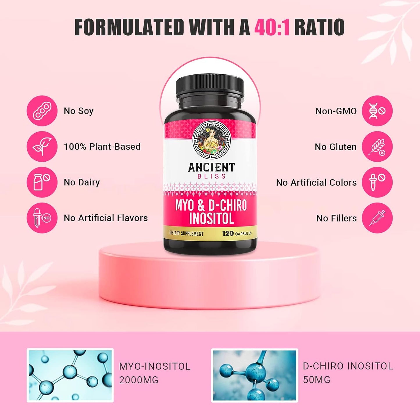 Ancient Bliss Myo & D-Chiro Inositol Supplement - 40:1 Ratio, 2050 mg, 120 Vegan Capsules - görsel 3
