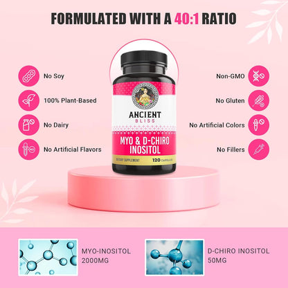 Ancient Bliss Myo & D-Chiro Inositol Supplement - 40:1 Ratio, 2050 mg, 120 Vegan Capsules