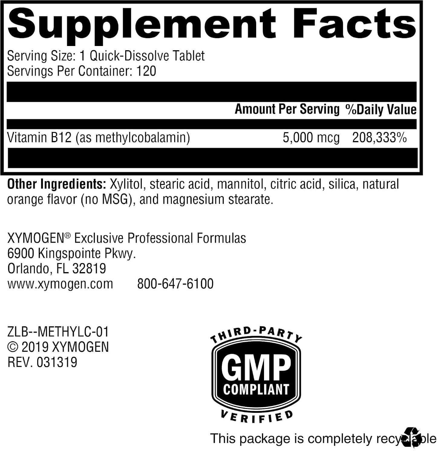 XYMOGEN Methylcobalamin - 5 mg Vitamin B12 - Supports Energy Metabolism, Neurological Function & Red Blood Cell Formation - Non-GMO & Gluten-free - 120 Quick-Dissolve Tablets - görsel 2