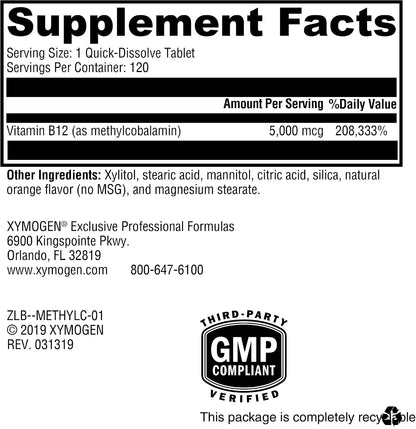 XYMOGEN Methylcobalamin - 5 mg Vitamin B12 - Supports Energy Metabolism, Neurological Function & Red Blood Cell Formation - Non-GMO & Gluten-free - 120 Quick-Dissolve Tablets