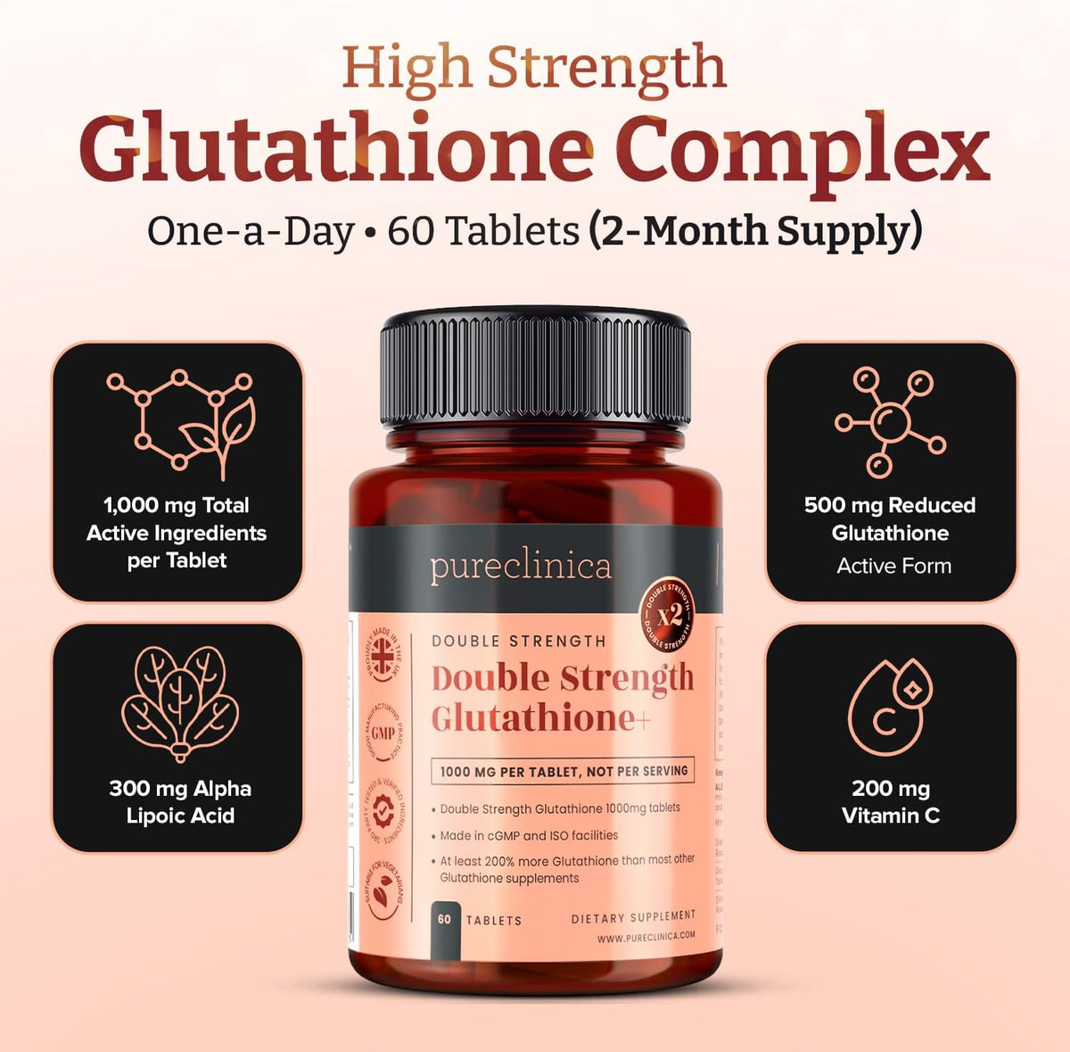 pureclinica Glutathione 1000mg (500mg Glutathione, 300mg ALA, 200mg Vitamin C) - 60 Tablets - görsel 3