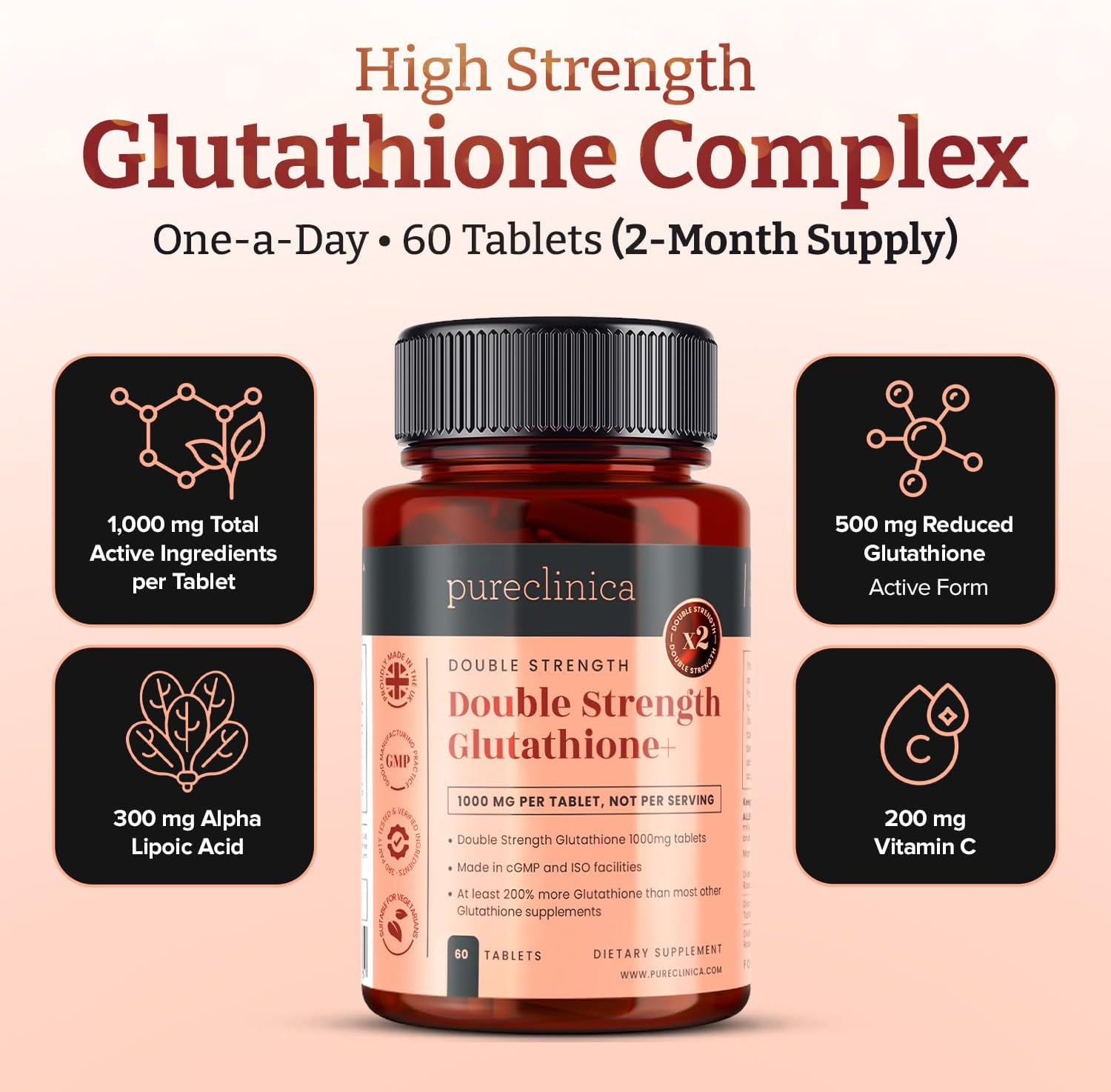 pureclinica Glutathione 1000mg (500mg Glutathione, 300mg ALA, 200mg Vitamin C) - 60 Tablets - görsel 3