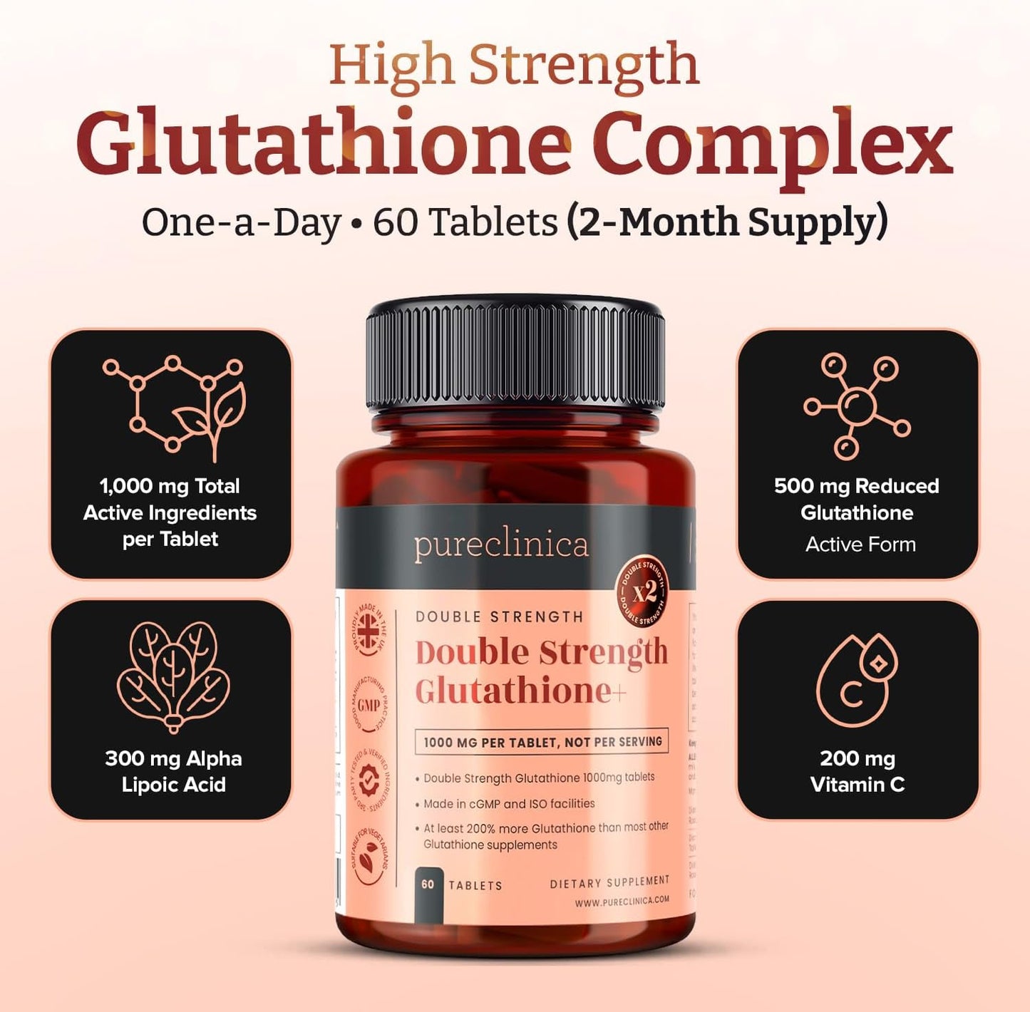 pureclinica Glutathione 1000mg – 120 Tablets (2-Pack) | High Strength with Glutathione, ALA & Vitamin C - görsel 3
