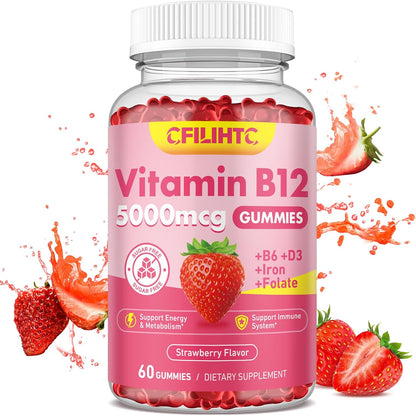 Vitamin B12 Gummies with Methylcobalamin, B6, D3, Iron & Folate - 5000mcg - Sugar-free Strawberry - Vegan & Non-GMO
