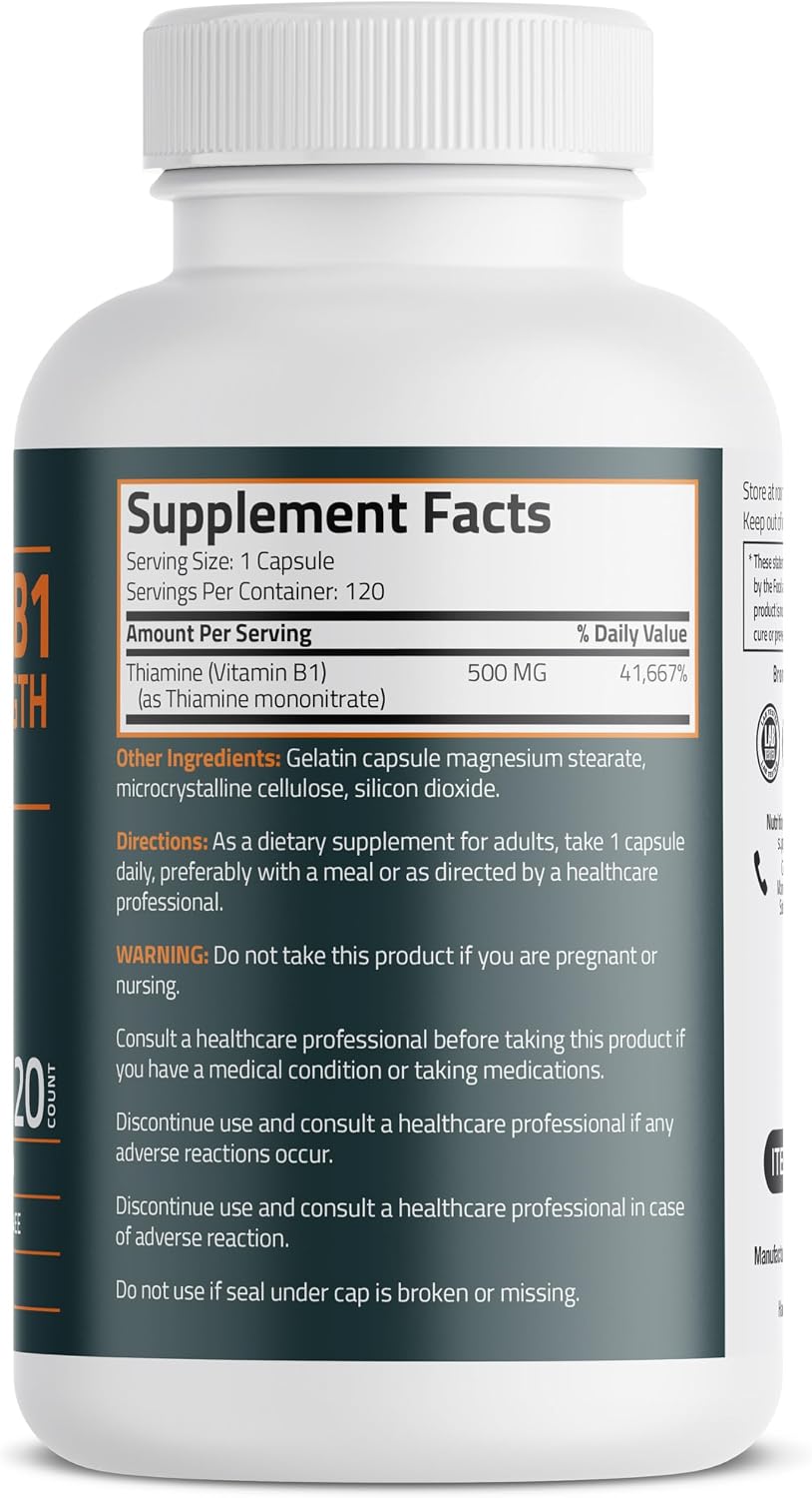 Bronson Vitamin B1 Extra Strength 500 mg – High Potency Thiamine Supplement, 120 Capsules - görsel 2