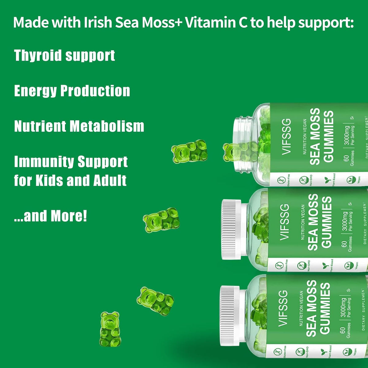 VIFSSG Sea Moss Gummies, 3000mg Irish Seamoss Gummy with Organic Bladderwrack, Burdock Root and Apple Cider Vinegar - 60 Gummies - görsel 3