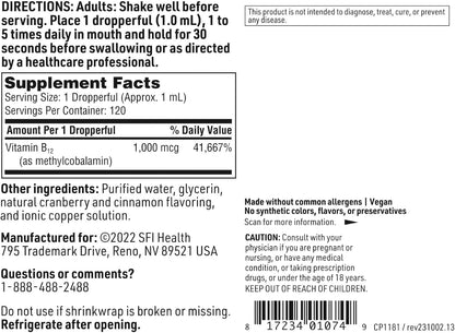 SFI Health Klaire Labs Vitamin B12 Liquid - Methylcobalamin B12 Drops - 120 ml (120 Servings)