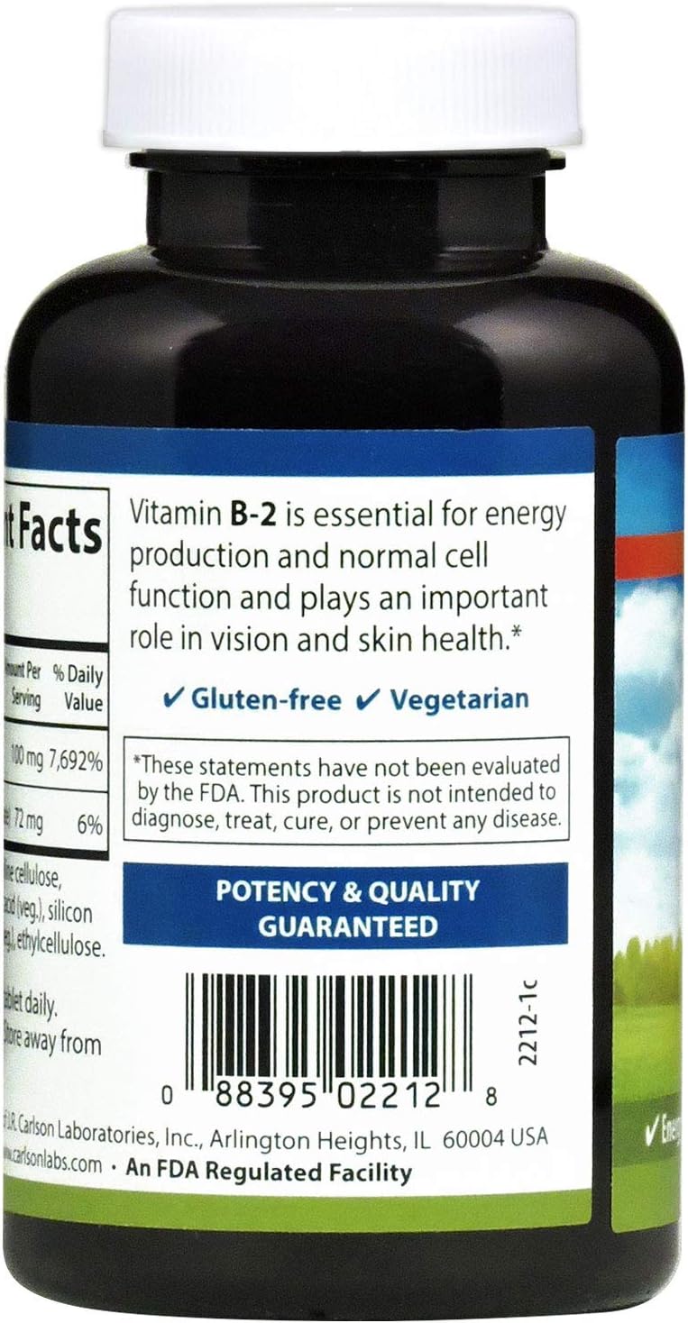 Carlson - B-2, 100 mg Riboflavin, Energy Production, Vision Support & Healthy Skin, 250 Vegetarian Tablets - görsel 3